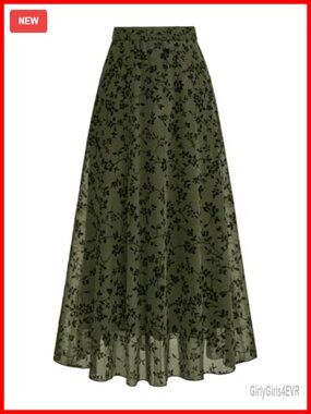 Floral Mesh Maxi Skirt High Waisted Tulle A-Line Long Flowy Layered